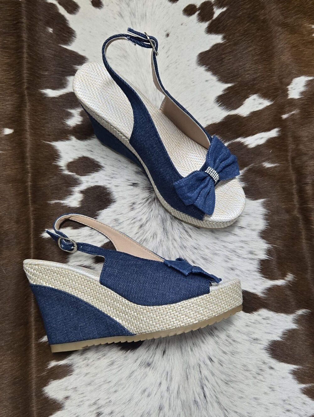 Women’s Navy Denim Wedge Sandals with Bow